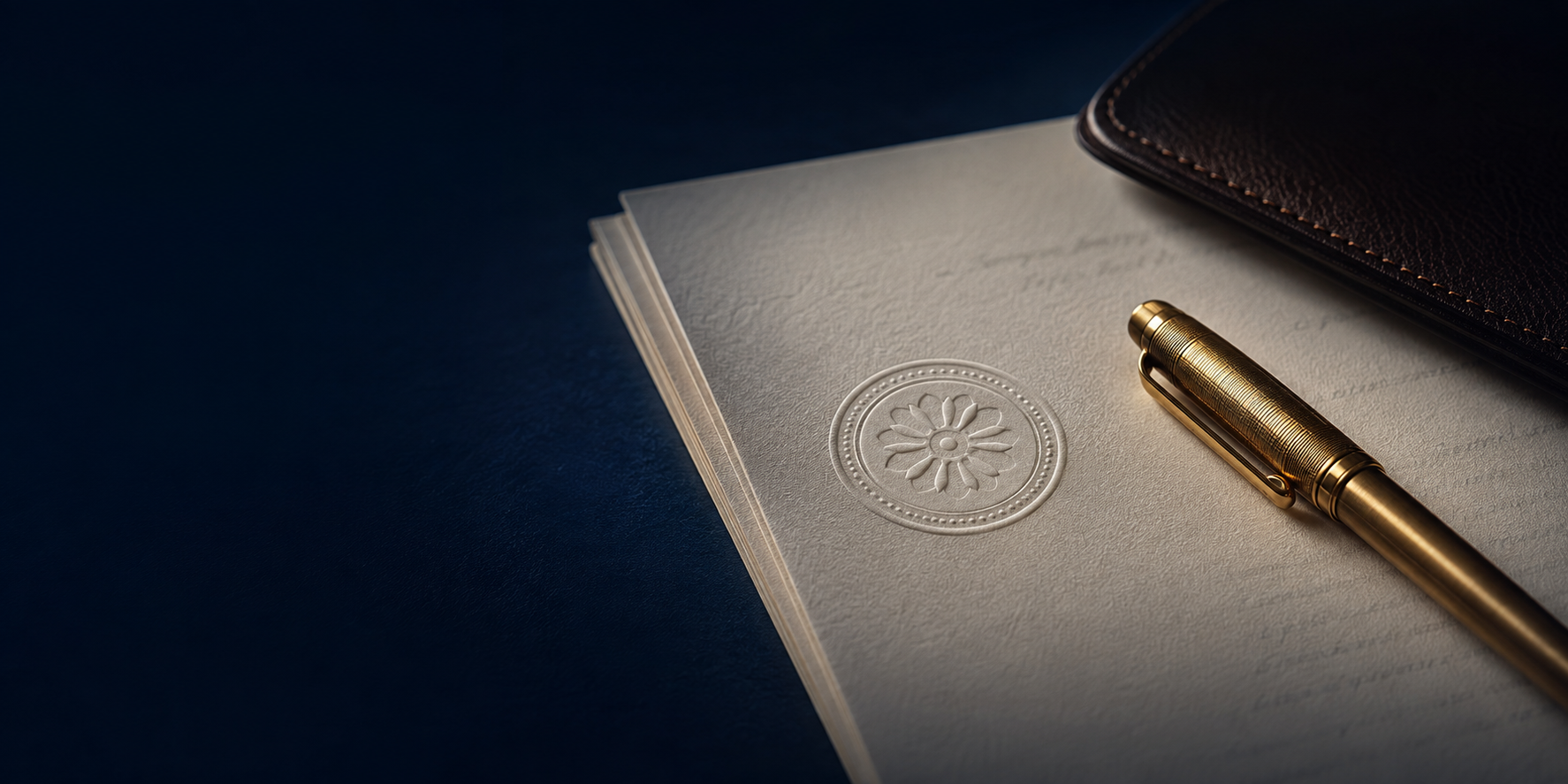 Embossed document, gold pen, and leather folio